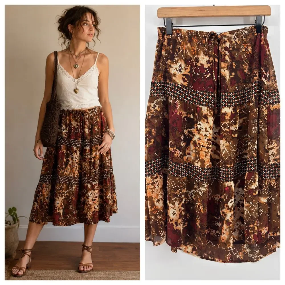 Vtg Patchwork Fairygrunge Boho Drawstring Midi Skirt 14P Hippie Dark Romantic